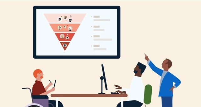 Illustration of people at a table discussing a plan on a wall monitor