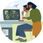 Illustration of two individuals working at a desk with their computer, one sitting while the other is standing.