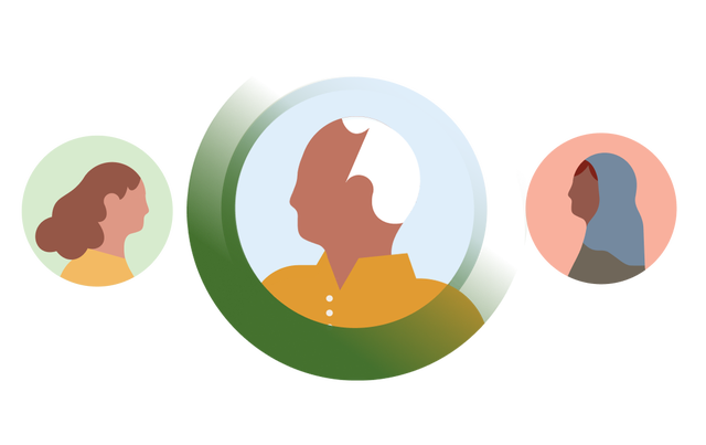 Illustration de trois photos de profil de candidats, dont un utilisant le hashtag #OpenToWork