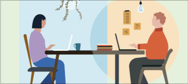 Illustration of two people on laptops facing each other