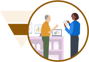 Illustration of the middle of the sales funnel with two people discussing a product in a store.