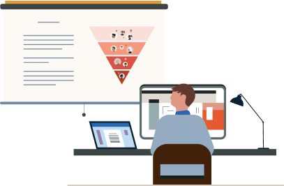 Illustration of a person researching on-line while referring to a sales funnel diagram.