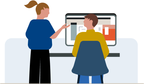 illustration of two people discussing the contents displayed on a computer monitor