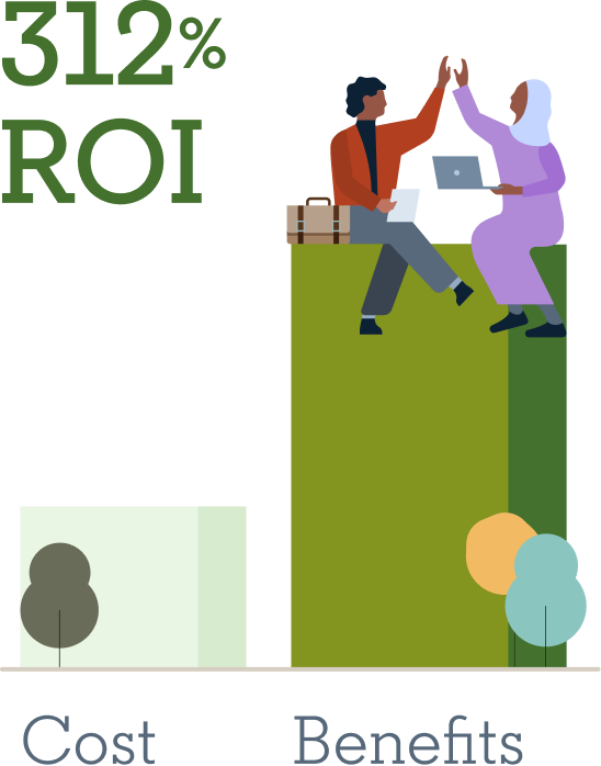 illustration of two people celebrating on an upward trending bar graph 