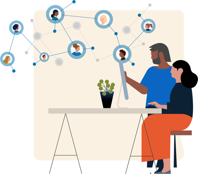 Illustration of two people examining connections between people on a computer 