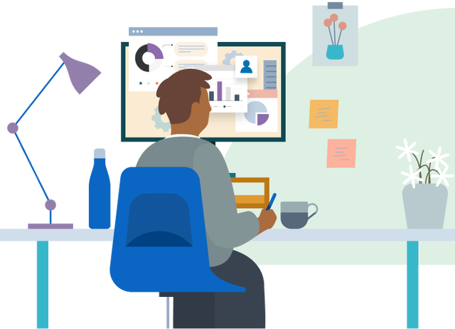 Illustration of a person examining data in different forms on a monitor