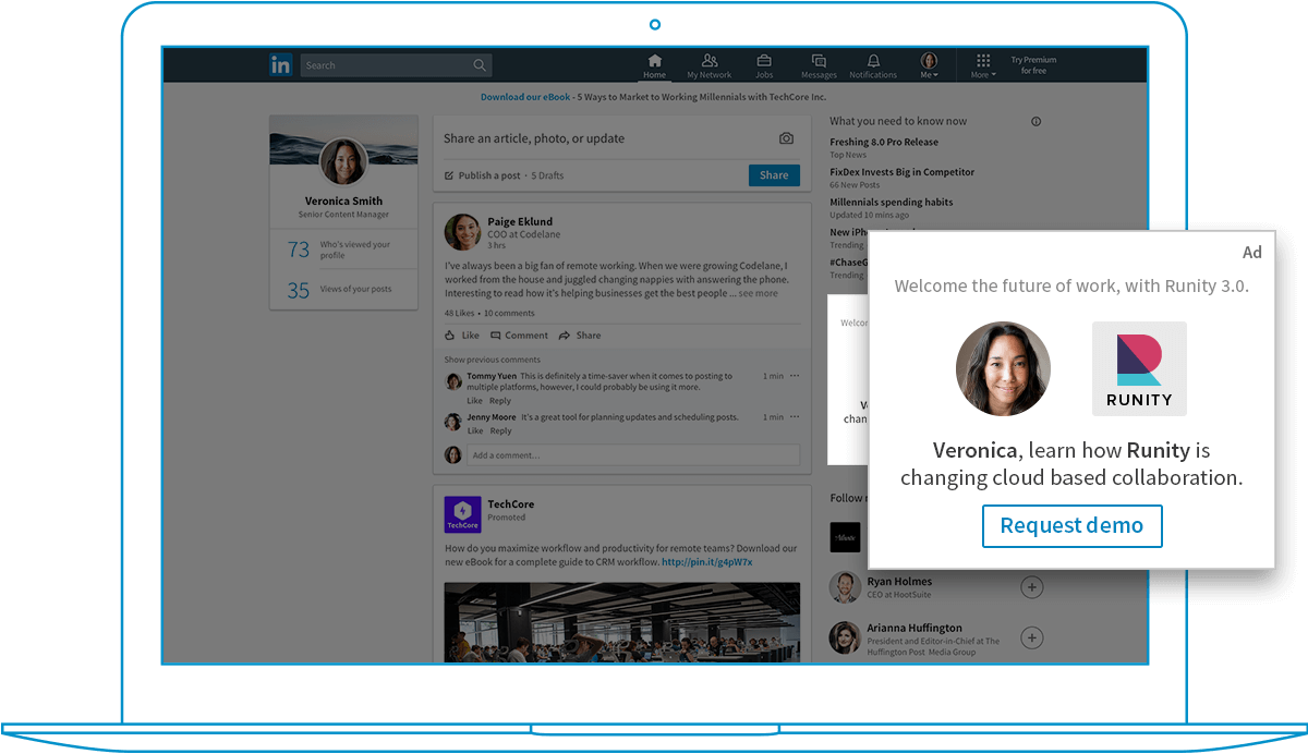 Screenshot of the newsfeed with a Zoom on a Dynamic Ads with CTA: Request demo